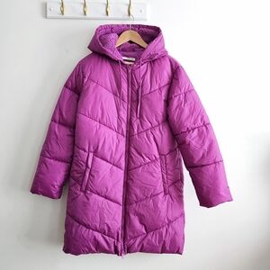 A New Day Magenta Hooded Mid Length Matte Puffer Long Jacket, Women's Size S